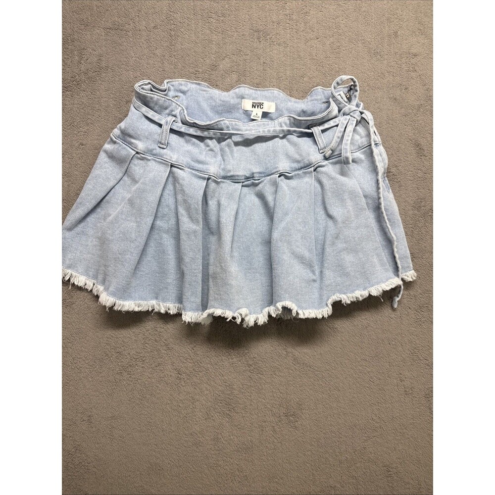 Madden NYC Pleated Denim Skort A-Line Zip Closure Blue Denim Wash Large 12-14
